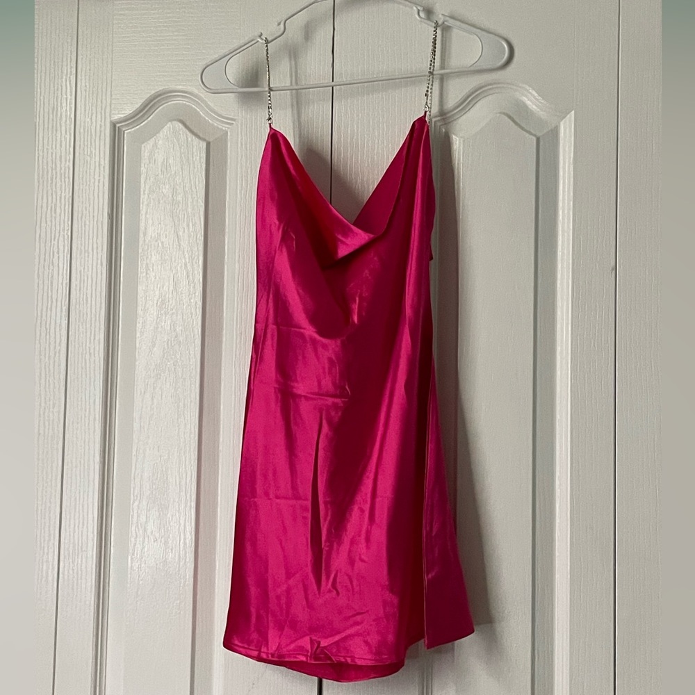 Copper Closet- Hot Pink Satin Dress with Rhinestone Straps